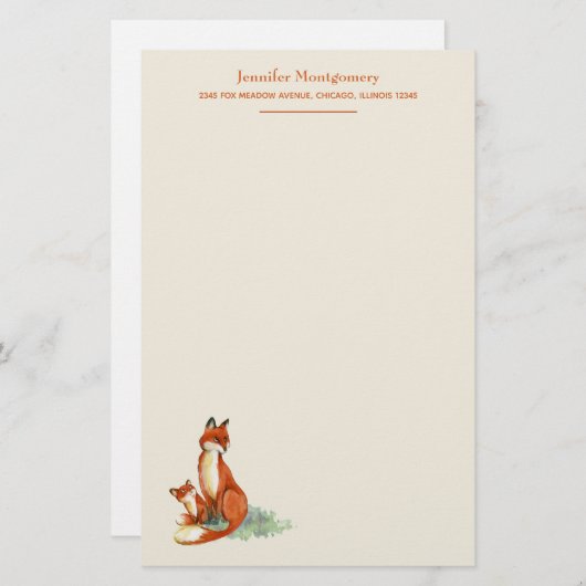 キツネとベビー水彩イラストレーション パーソナライズされた 便箋 (正面/裏面)