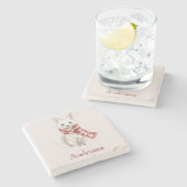 キツネとペパーミントレッドホワイトスカーフ ストーンコースター (横)