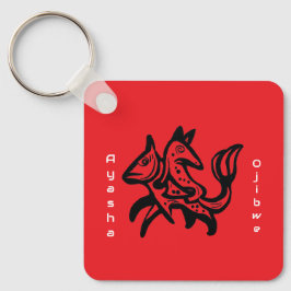 キツネとマス | ネイティブ ワイルドライフ アート レッド キーホルダー