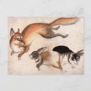 キツネと二つのハーレ、ヴィンテージ日本の絵画ズ ポストカード