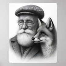 キツネと老人のモノクロ鉛筆画
