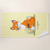 キツネと花、黄色の子の名前淡い色の ビーチタオル (正面)