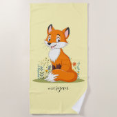 キツネと花、黄色の子の名前淡い色の ビーチタオル (正面)