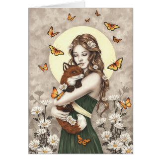 キツネと蝶を持つ庭の女の子