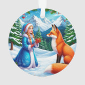 キツネと雪の乙女が冬の森の風景 オーナメント (裏面)