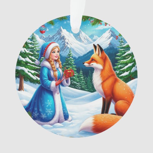 キツネと雪の乙女が冬の森の風景 オーナメント (正面)