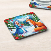 キツネと雪の乙女が冬の森の風景 コースター (左側)