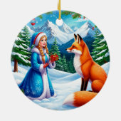キツネと雪の乙女が冬の森の風景 セラミックオーナメント (裏面)