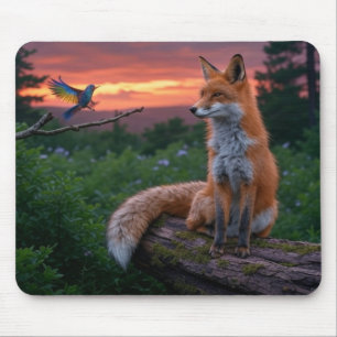 キツネと鳥が夕暮れ時の森の景色 マウスパッド