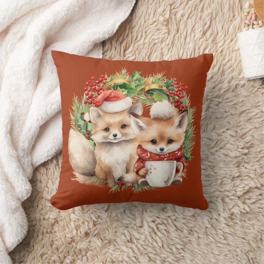 キツネのカップル 冬のリース クリスマス クッション (ブランケット)