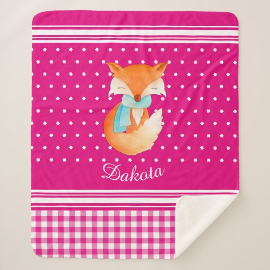 キツネのカブとスカーフアートの名前ピンク白 シェルパブランケット (正面)