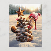 キツネのキャラクターが松ぼっくりを持った木 インビテーションポストカード (正面)