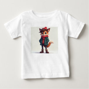 キツネのキャラクター写真の白いTシャツ ベビーTシャツ