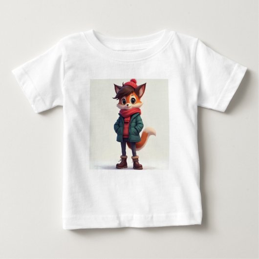 キツネのキャラクター写真の白いTシャツ ベビーTシャツ (正面)