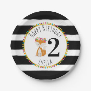 キツネのポンポンのストライプな誕生日 ペーパープレート