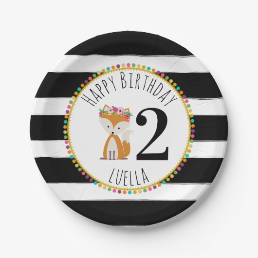 キツネのポンポンのストライプな誕生日 ペーパープレート (正面)