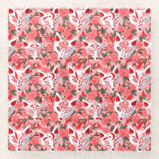 キツネのマスクとピンクの椿 ガラスコースター (正面)