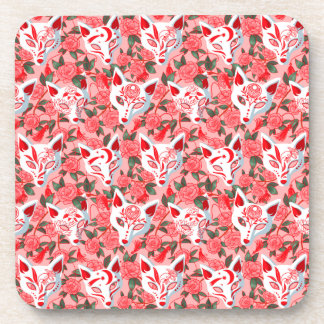 キツネのマスクとピンクの椿 コースター