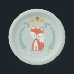 キツネのモダンな女の子のベビーシャワー ペーパープレート<br><div class="desc">ドングリの葉および花のイラストレーションを含むリースによって囲まれる孤のイラストレーションを特色にするベビーシャワーの紙皿。</div>