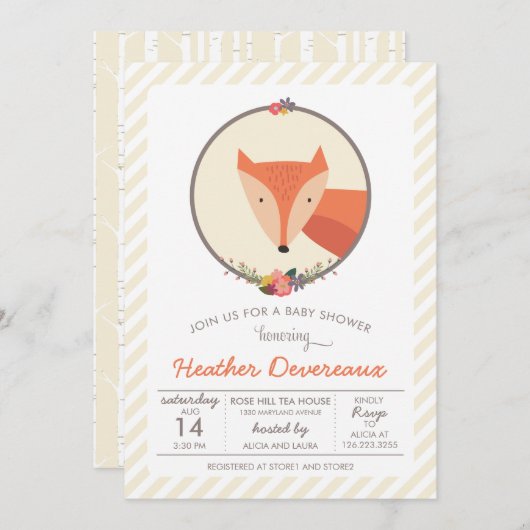 キツネの中立性のベビーシャワー 招待状 (正面/裏面)