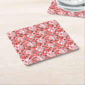 キツネの仮面とピンクの椿 スクエアペーパーコースター (アングル)