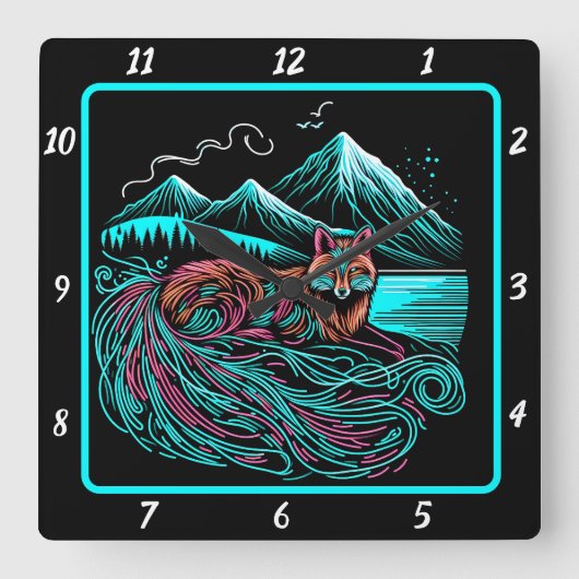 キツネの保護者 スクエア壁時計 (正面)