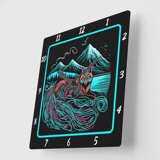 キツネの保護者 スクエア壁時計 (傾斜)