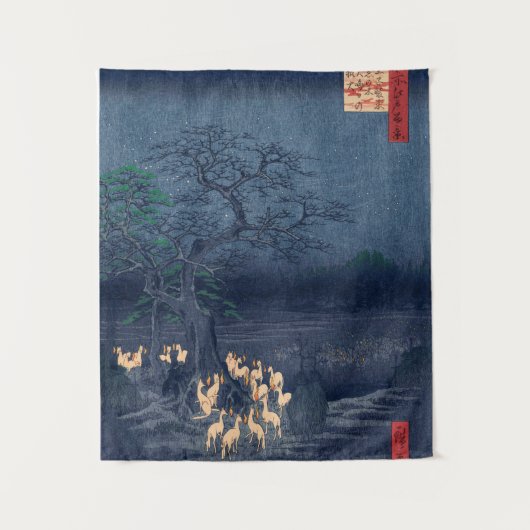 キツネの夜の神社ヴィンテージ浮世日本の絵 タペストリー (正面)