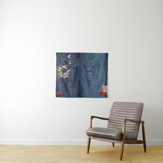 キツネの夜の神社ヴィンテージ浮世日本の絵 タペストリー (インサイチュ(横))