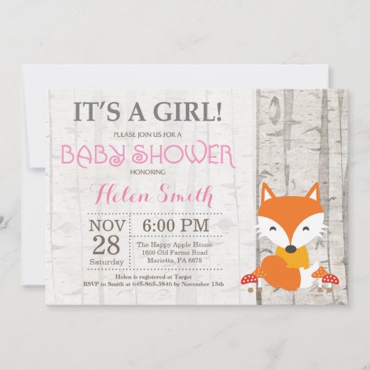 キツネの女の子ベビーシャワー招待状　ログウッド調 招待状 (正面)