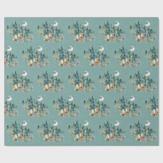 キツネの家族の森の満月の降雪クリスマス ラッピングペーパー (フラット)