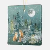 キツネの家族の森の満月の降雪水色 セラミックオーナメント (左)