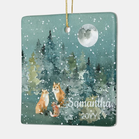 キツネの家族の森の満月の降雪水色 セラミックオーナメント (左)