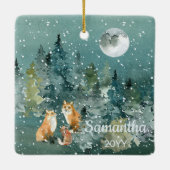キツネの家族の森の満月の降雪水色 セラミックオーナメント (裏面)