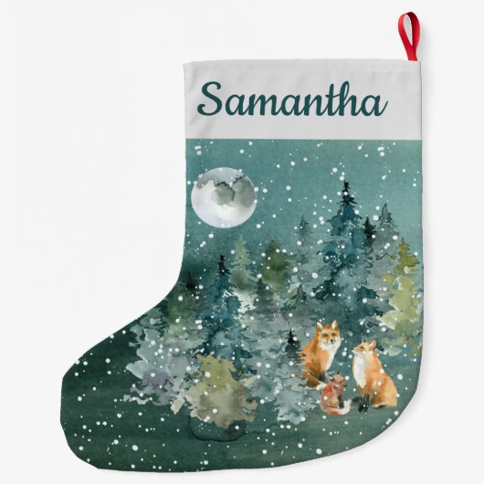 キツネの家族の森の満月の降雪水色 ラージクリスマスストッキング (裏面)