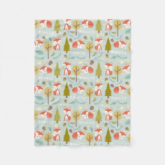 キツネの森林淡いブルーのパーソナライズ フリースブランケット (正面)
