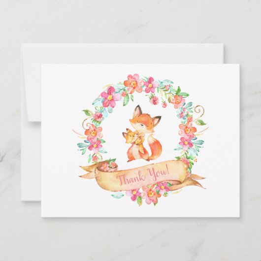 キツネの森林花のリースのシャワーはノート感謝していしています サンキューカード (正面)
