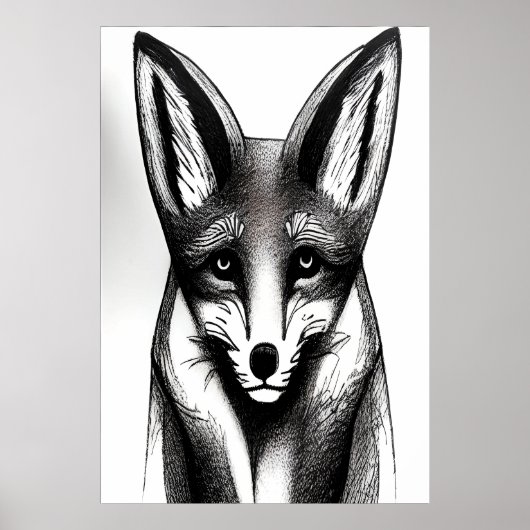 キツネの白黒ポートレート | AIアートポスター ポスター (正面)