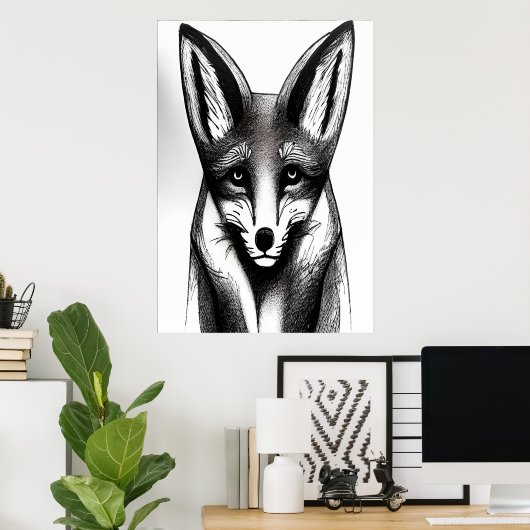 キツネの白黒ポートレート | AIアートポスター ポスター (ホームオフィス)