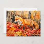 キツネの秋の森の水の色絵を描。 ポストカード (正面/裏面)