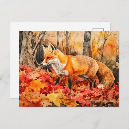 キツネの秋の森の水の色絵を描。 ポストカード (正面/裏面)