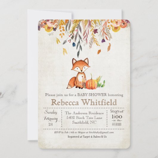 キツネの紅葉のカボチャベビーシャワーの招待状 招待状 (正面)
