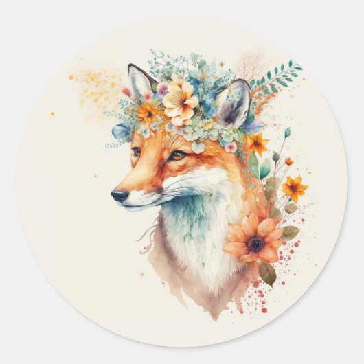 キツネの花冠の水彩画 ラウンドシール (正面)