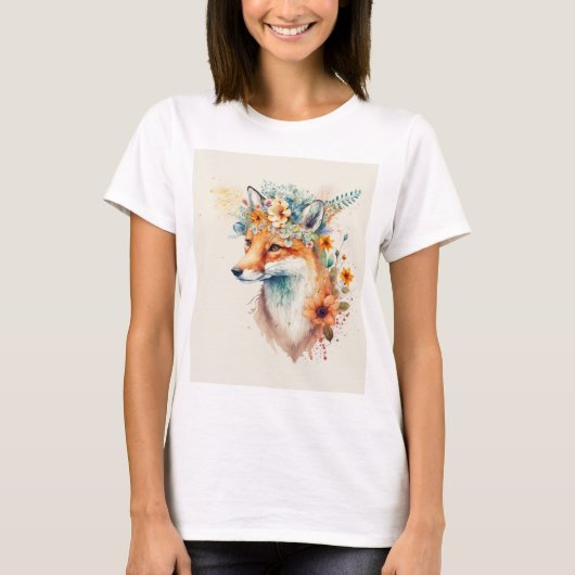 キツネの花冠の水彩画 Tシャツ (正面)