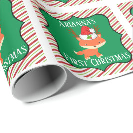 キツネの身に着けているトナカイのサンタの帽子の初めてのクリスマス ラッピングペーパー