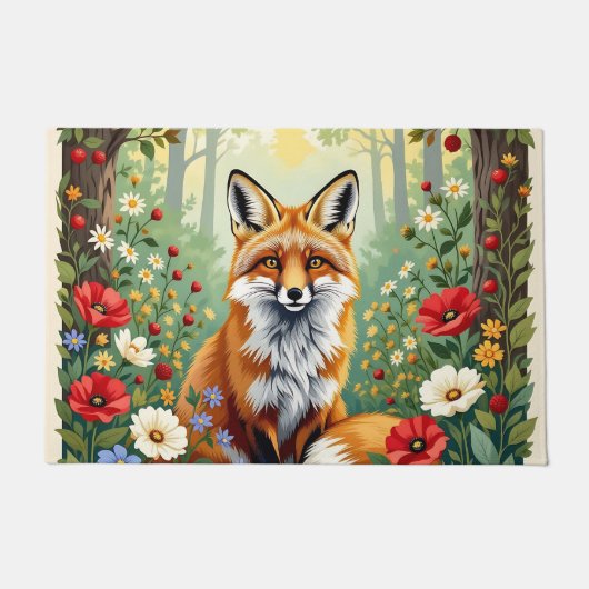 キツネの野の花の森のイラスト ドアマット (正面)