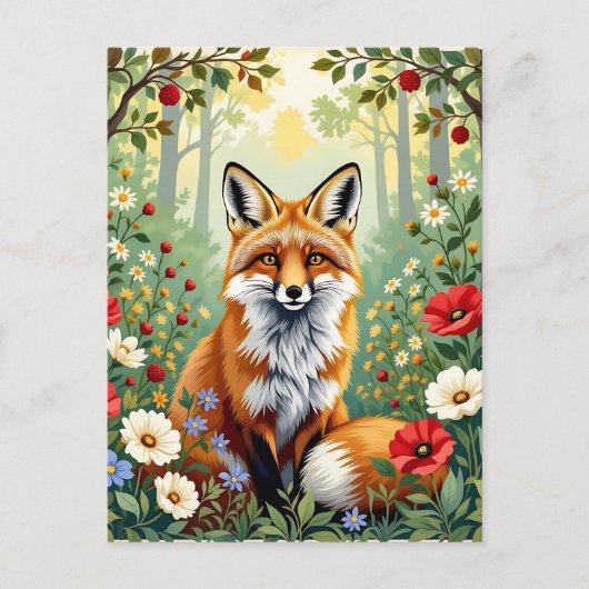 キツネの野の花の森のイラスト ポストカード (正面)