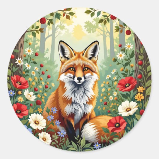 キツネの野の花の森のイラスト ラウンドシール (正面)