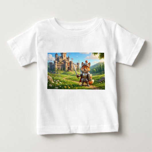 キツネの騎士と城の子供用アニメTシャツ ベビーTシャツ (正面)