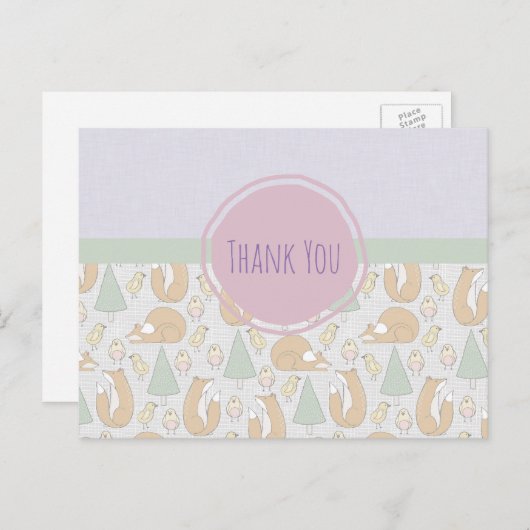 キツネの鳥と木のお洒落パターンありがとう ポストカード (正面/裏面)